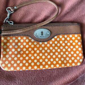 Fossil Brown and Orange Polka Dot Wristlet